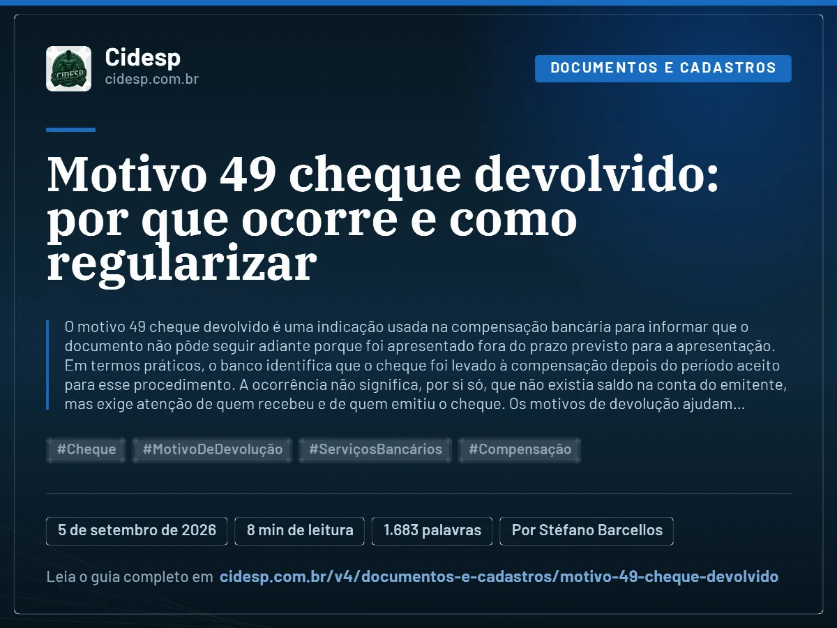 Cartão do artigo “Motivo 49 cheque devolvido: por que ocorre e como regularizar”, com resumo, data de publicação e endereço da página.