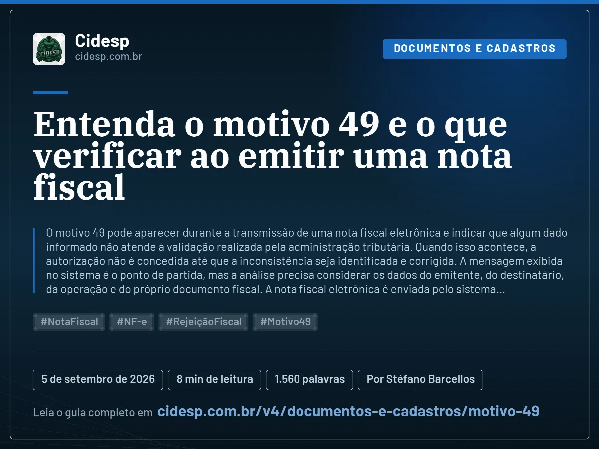 Cartão do artigo “Entenda o motivo 49 e o que verificar ao emitir uma nota fiscal”, com resumo, data de publicação e endereço da página.
