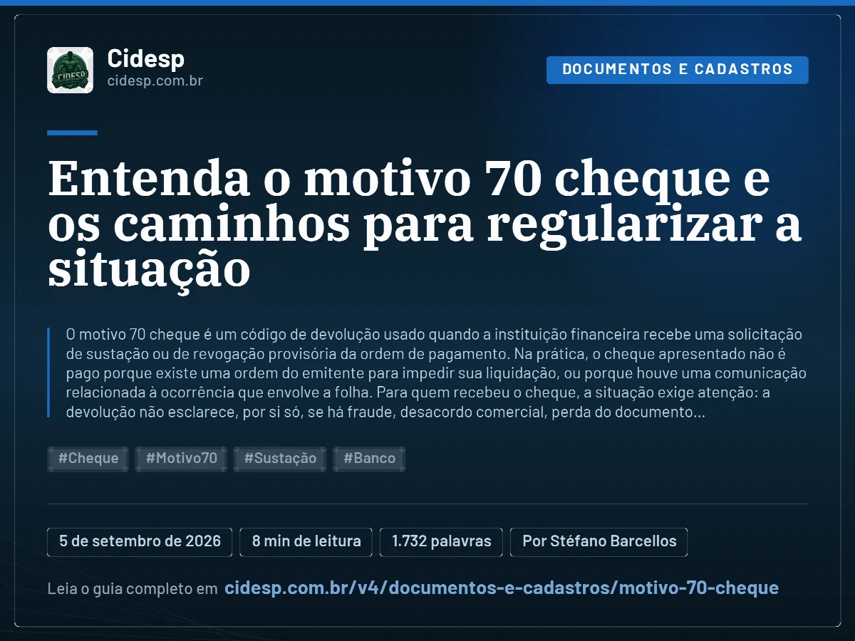 Cartão do artigo “Entenda o motivo 70 cheque e os caminhos para regularizar a situação”, com resumo, data de publicação e endereço da página.