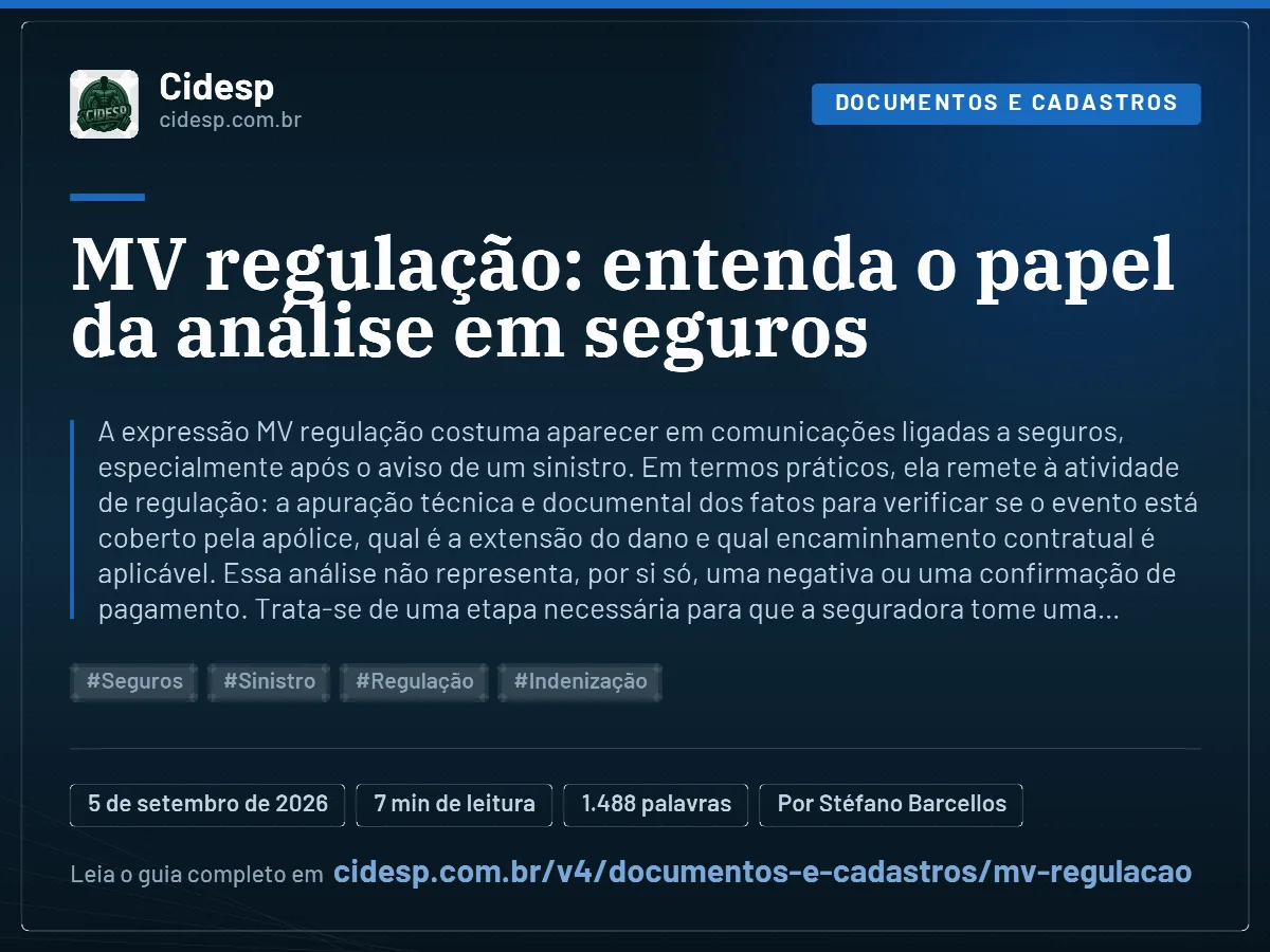 Cartão do artigo “MV regulação: entenda o papel da análise em seguros”, com resumo, data de publicação e endereço da página.