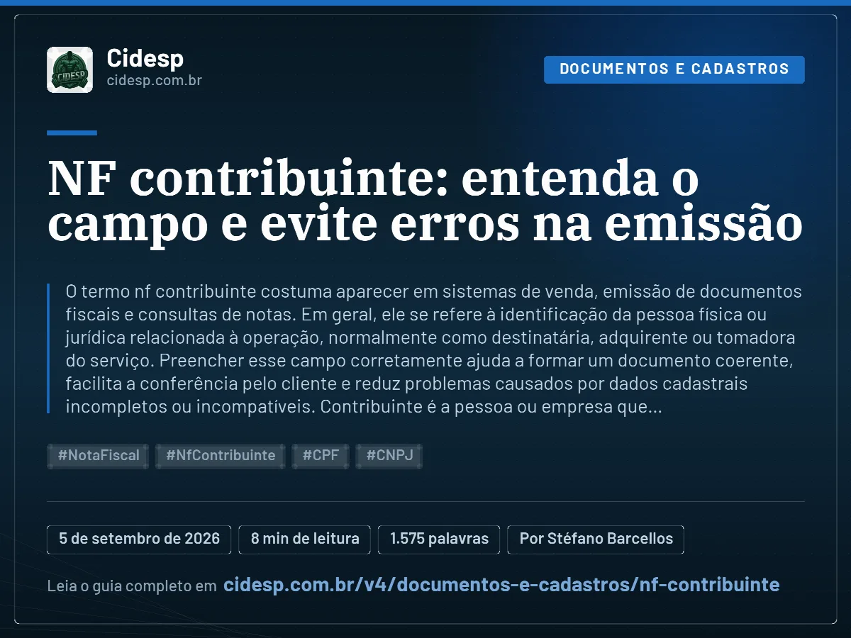 Cartão do artigo “NF contribuinte: entenda o campo e evite erros na emissão”, com resumo, data de publicação e endereço da página.