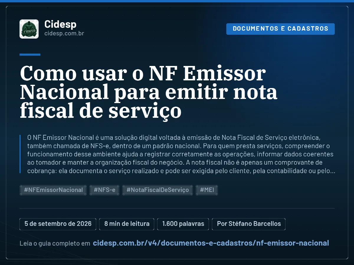 Cartão do artigo “Como usar o NF Emissor Nacional para emitir nota fiscal de serviço”, com resumo, data de publicação e endereço da página.