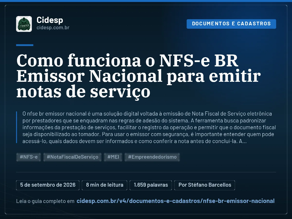 Cartão do artigo “Como funciona o NFS-e BR Emissor Nacional para emitir notas de serviço”, com resumo, data de publicação e endereço da página.