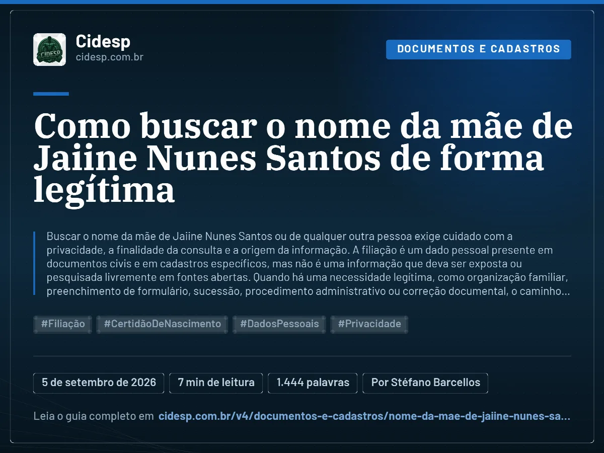 Cartão do artigo “Como buscar o nome da mãe de Jaiine Nunes Santos de forma legítima”, com resumo, data de publicação e endereço da página.