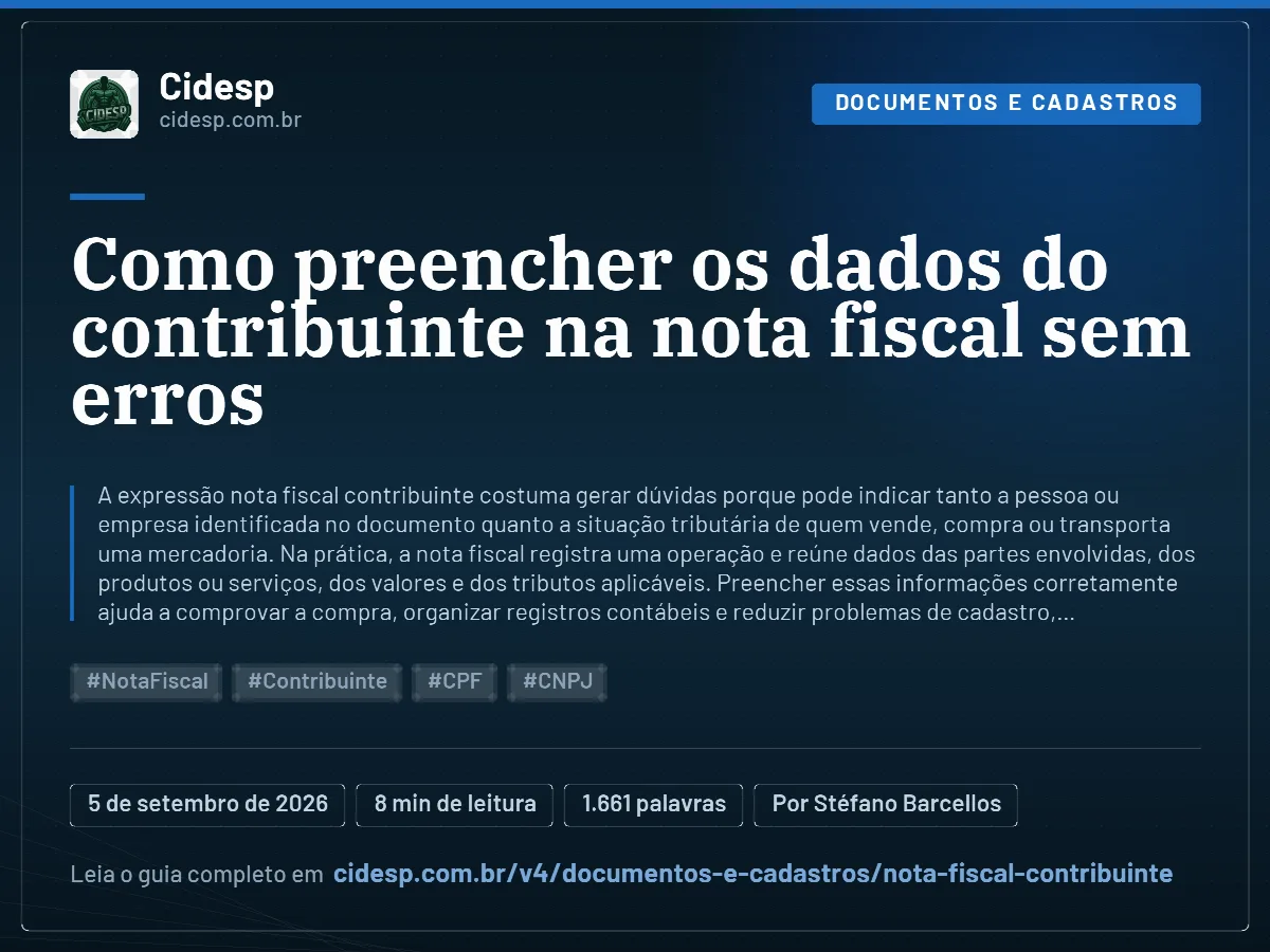 Cartão do artigo “Como preencher os dados do contribuinte na nota fiscal sem erros”, com resumo, data de publicação e endereço da página.