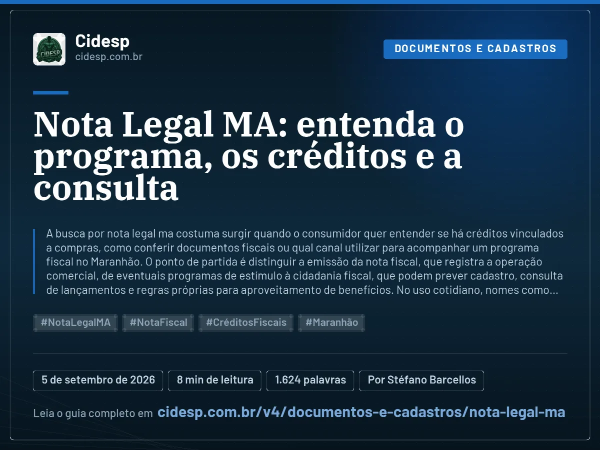 Cartão do artigo “Nota Legal MA: entenda o programa, os créditos e a consulta”, com resumo, data de publicação e endereço da página.