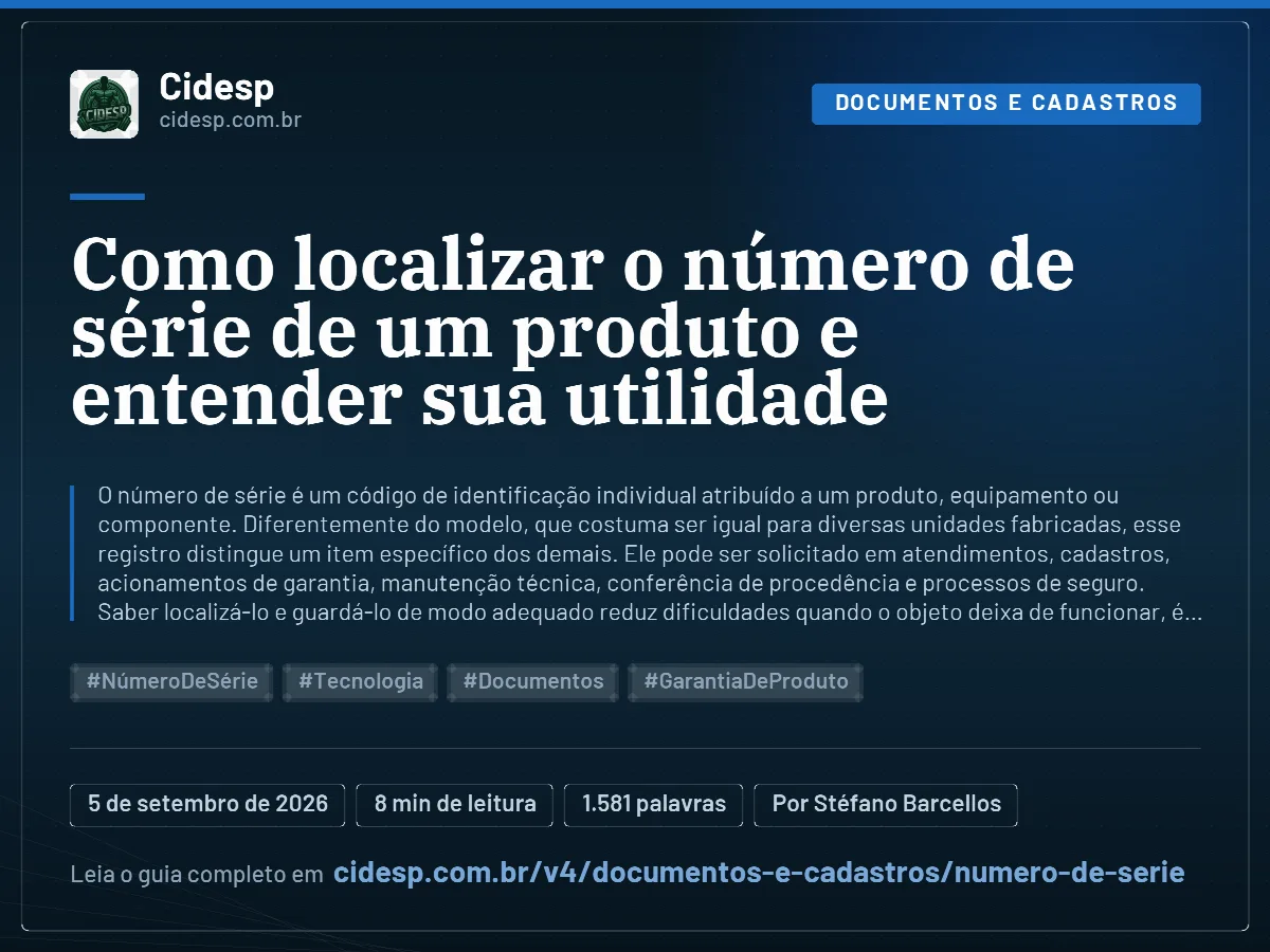 Cartão do artigo “Como localizar o número de série de um produto e entender sua utilidade”, com resumo, data de publicação e endereço da página.