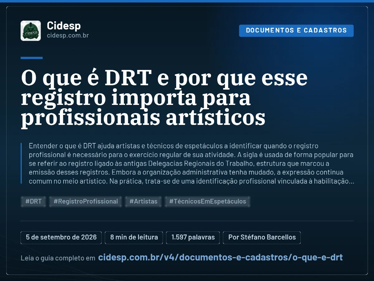 Cartão do artigo “O que é DRT e por que esse registro importa para profissionais artísticos”, com resumo, data de publicação e endereço da página.