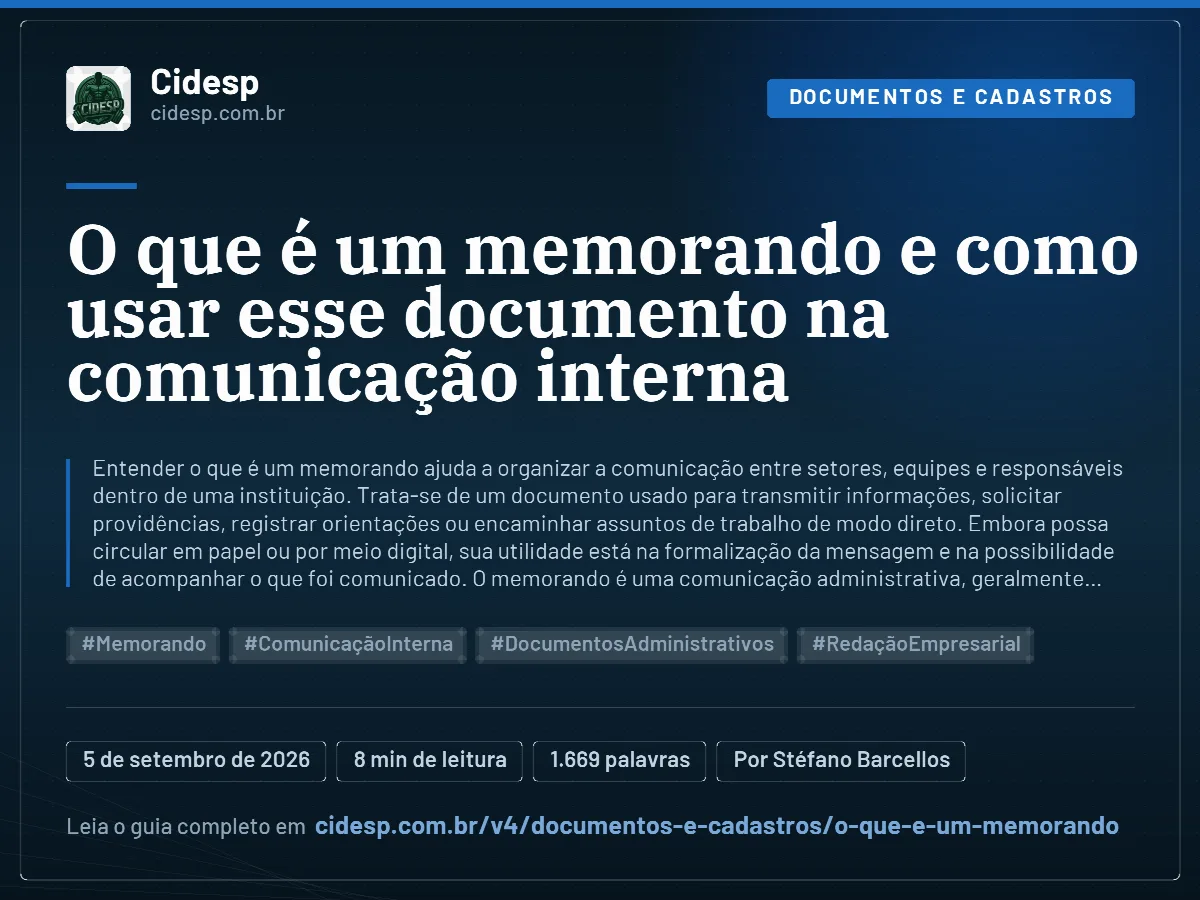 Cartão do artigo “O que é um memorando e como usar esse documento na comunicação interna”, com resumo, data de publicação e endereço da página.