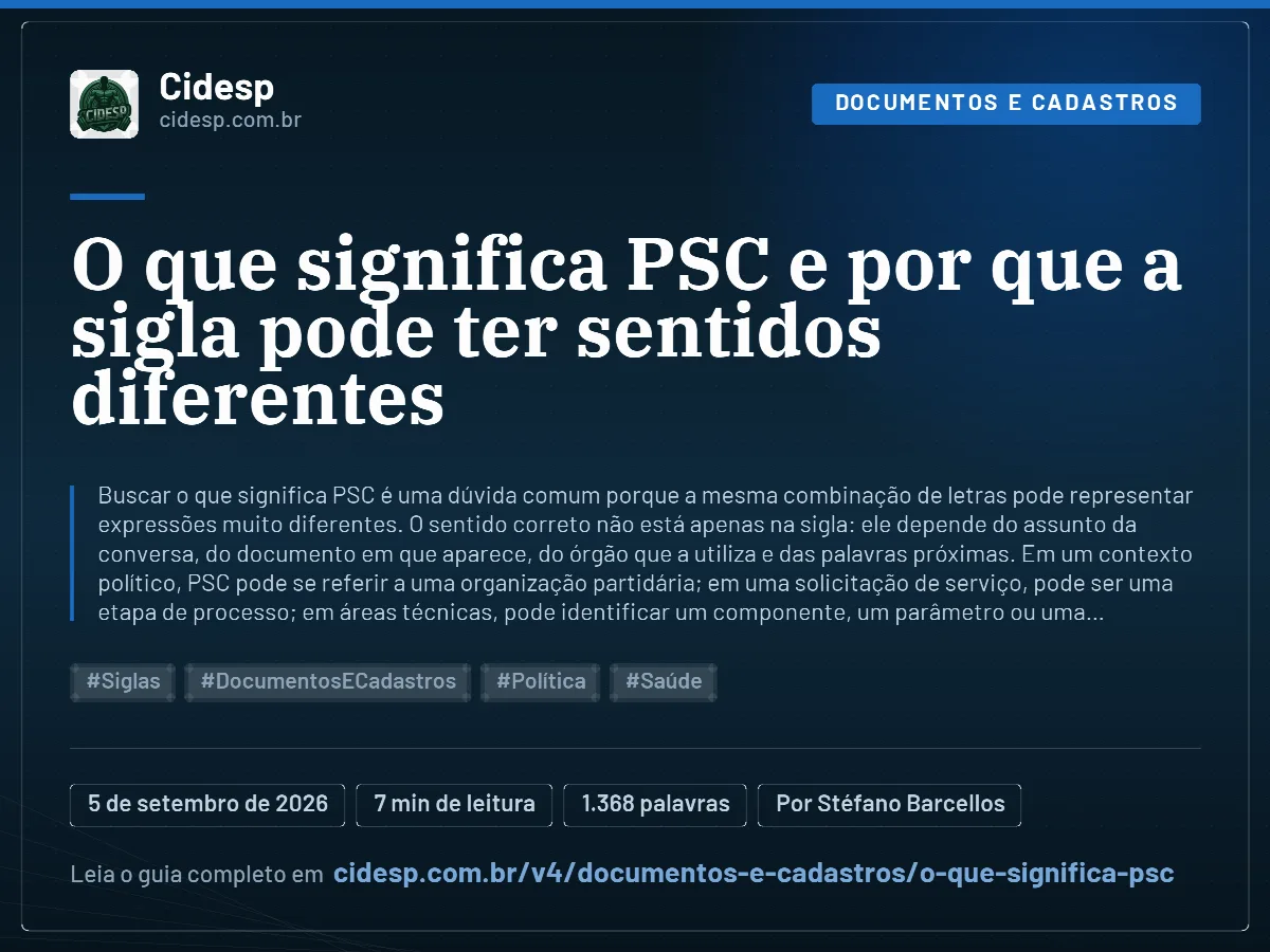 Cartão do artigo “O que significa PSC e por que a sigla pode ter sentidos diferentes”, com resumo, data de publicação e endereço da página.