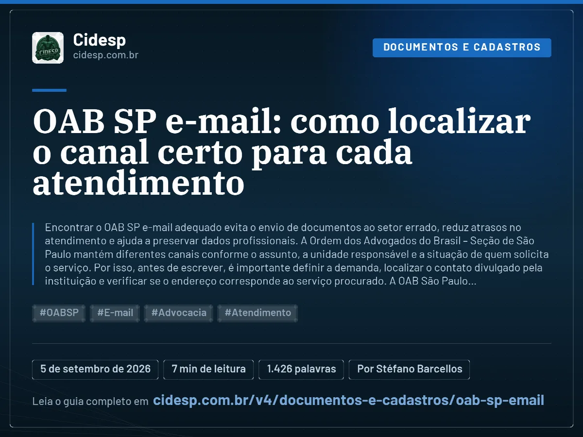 Cartão do artigo “OAB SP e-mail: como localizar o canal certo para cada atendimento”, com resumo, data de publicação e endereço da página.
