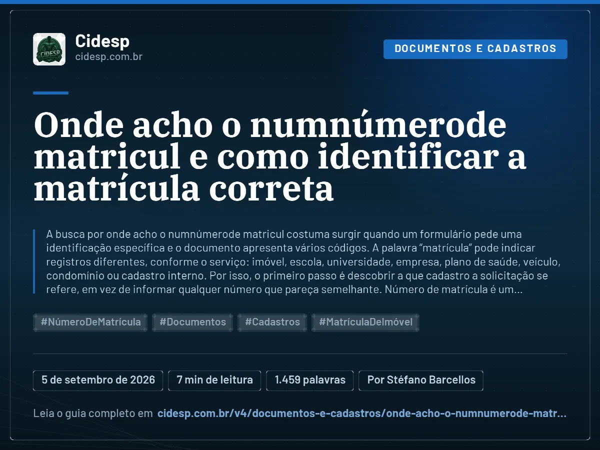 Cartão do artigo “Onde acho o numnúmerode matricul e como identificar a matrícula correta”, com resumo, data de publicação e endereço da página.