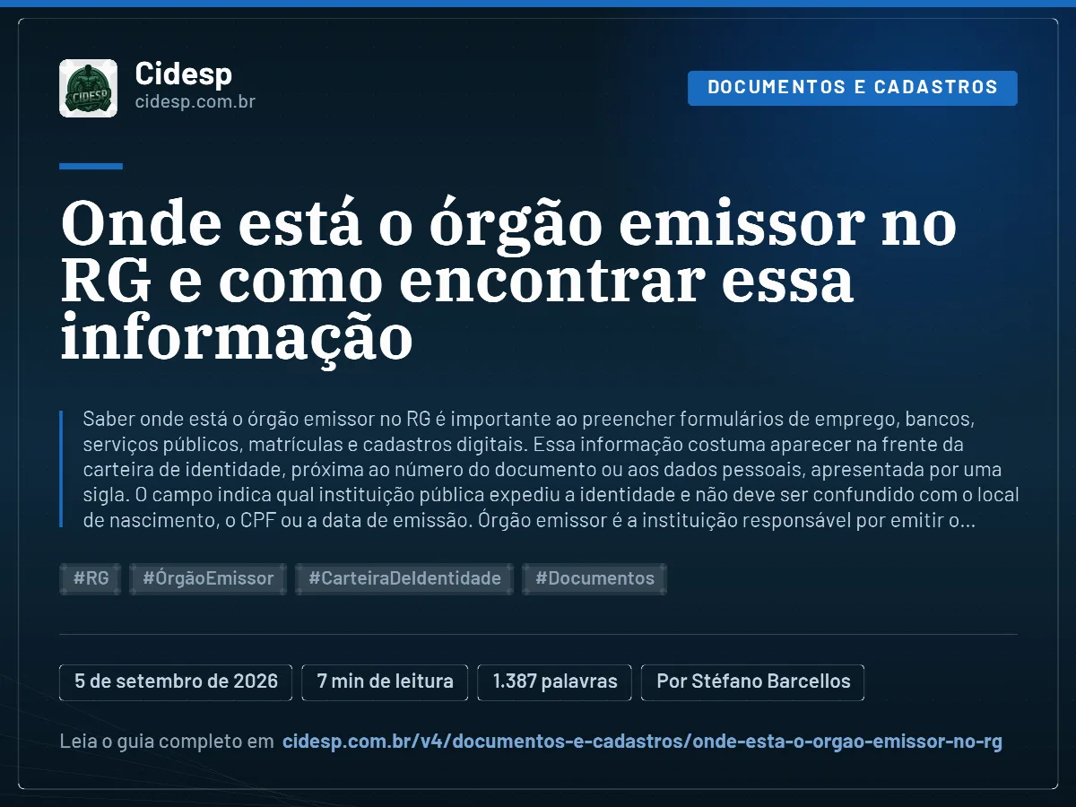 Cartão do artigo “Onde está o órgão emissor no RG e como encontrar essa informação”, com resumo, data de publicação e endereço da página.