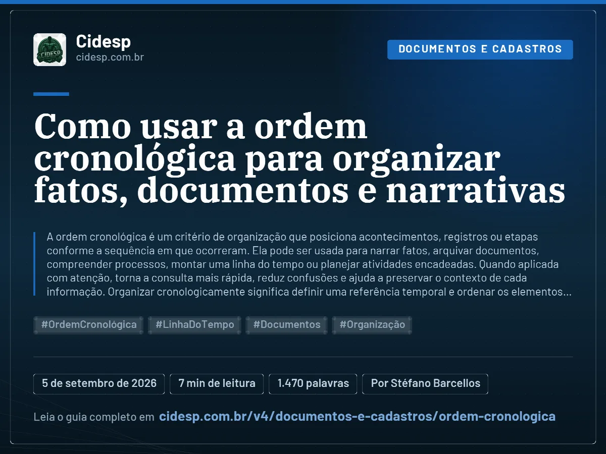 Cartão do artigo “Como usar a ordem cronológica para organizar fatos, documentos e narrativas”, com resumo, data de publicação e endereço da página.