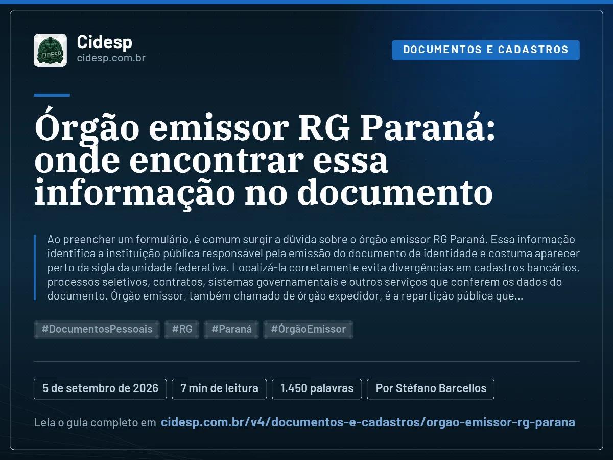 Cartão do artigo “Órgão emissor RG Paraná: onde encontrar essa informação no documento”, com resumo, data de publicação e endereço da página.