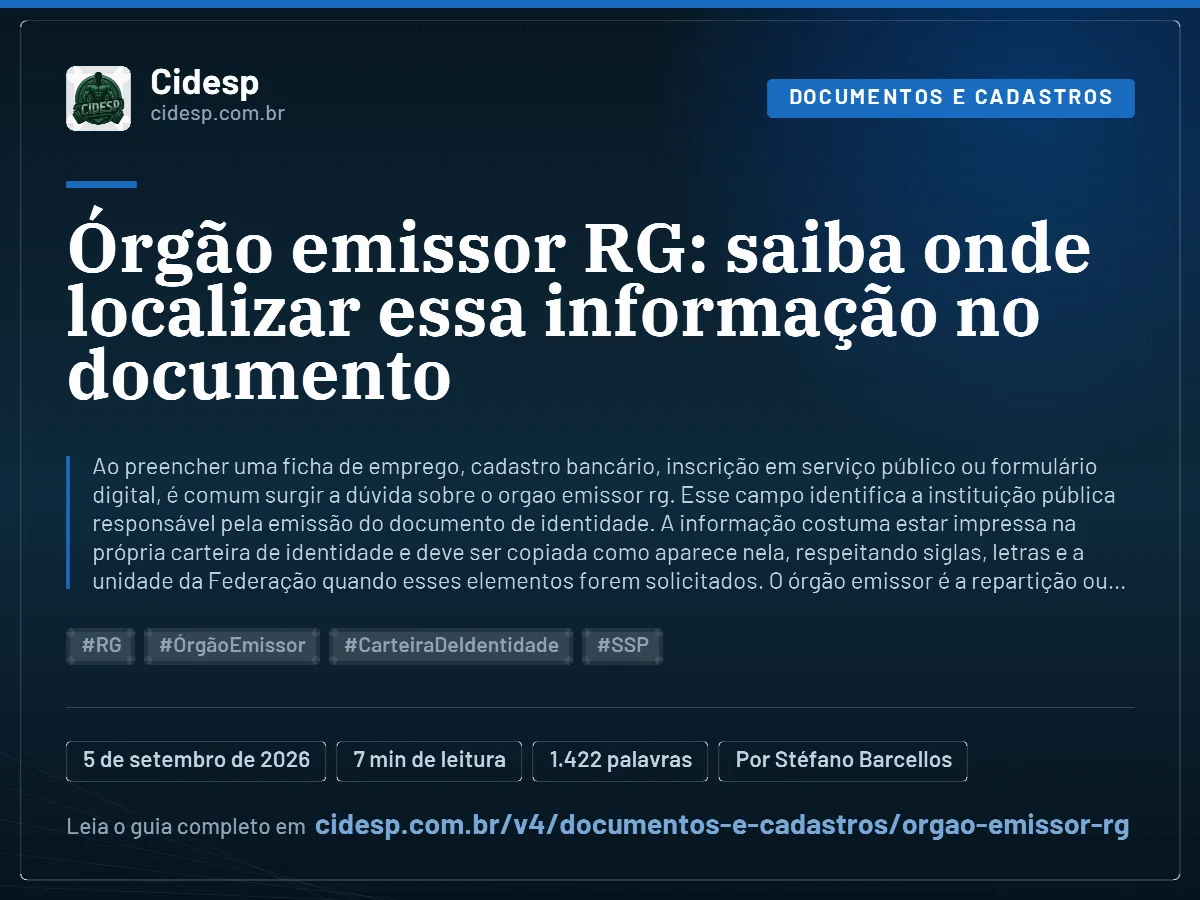 Cartão do artigo “Órgão emissor RG: saiba onde localizar essa informação no documento”, com resumo, data de publicação e endereço da página.