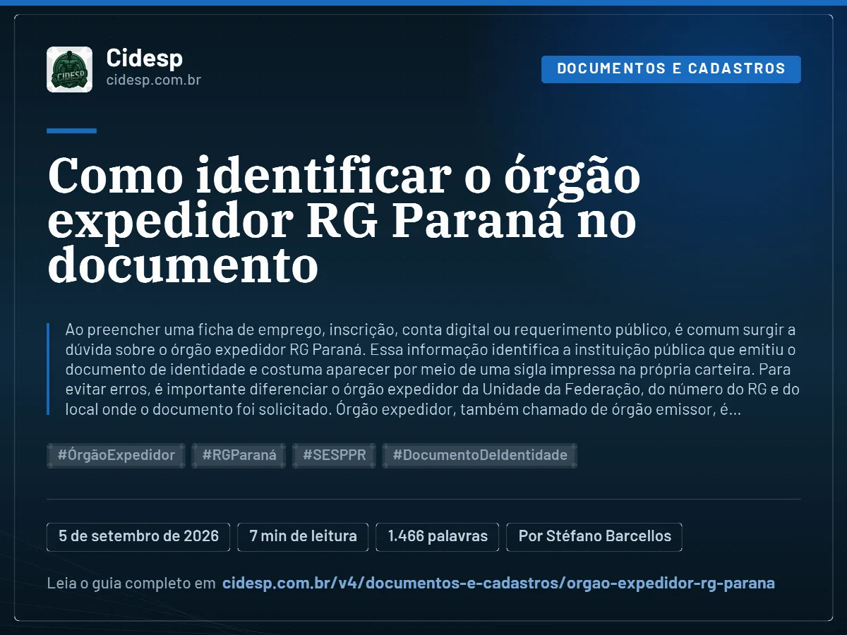 Cartão do artigo “Como identificar o órgão expedidor RG Paraná no documento”, com resumo, data de publicação e endereço da página.