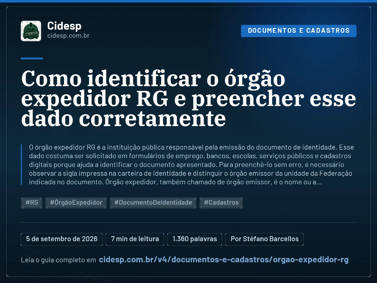 Cartão do artigo “Como identificar o órgão expedidor RG e preencher esse dado corretamente”, com resumo, data de publicação e endereço da página.