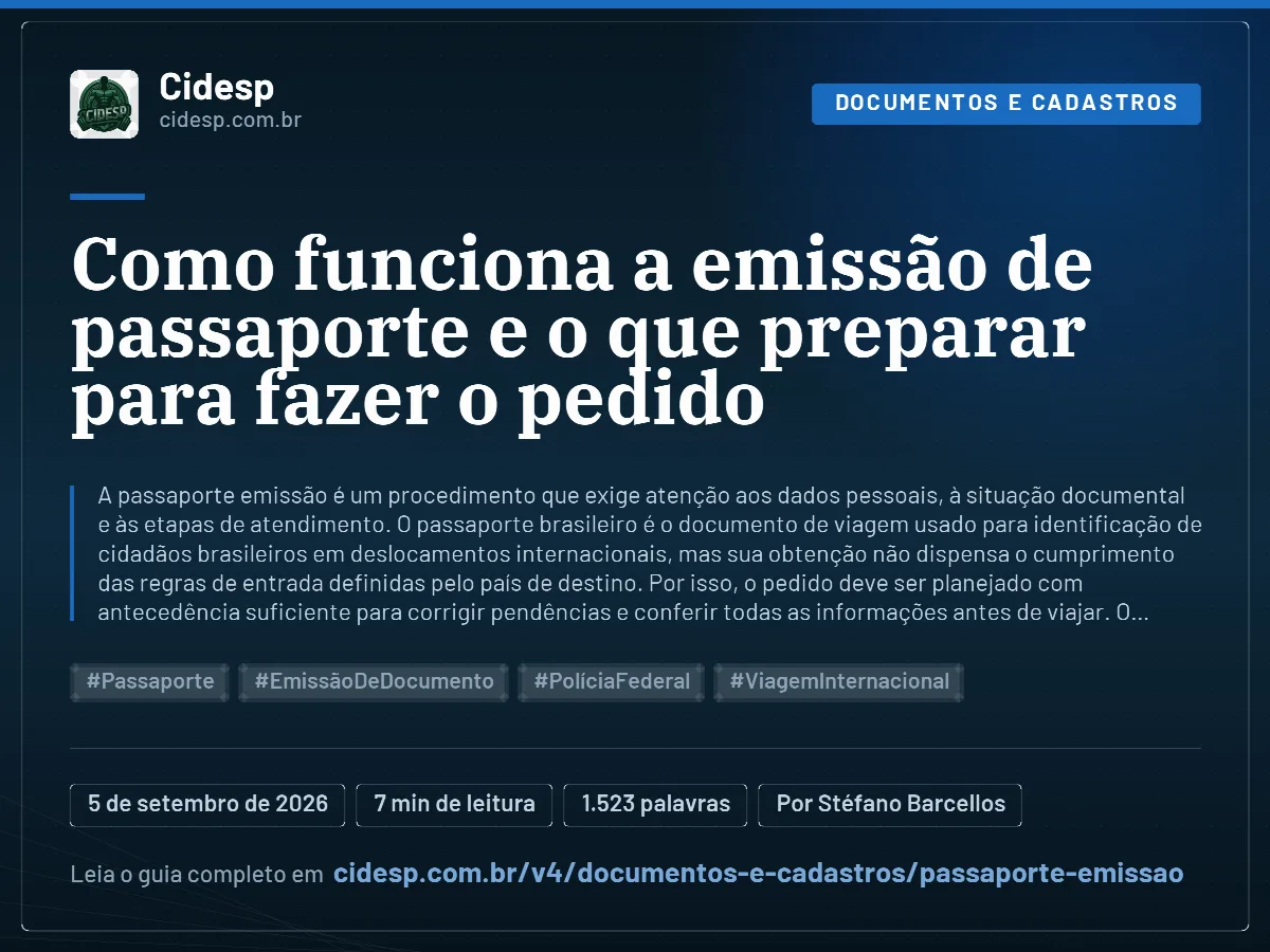 Cartão do artigo “Como funciona a emissão de passaporte e o que preparar para fazer o pedido”, com resumo, data de publicação e endereço da página.