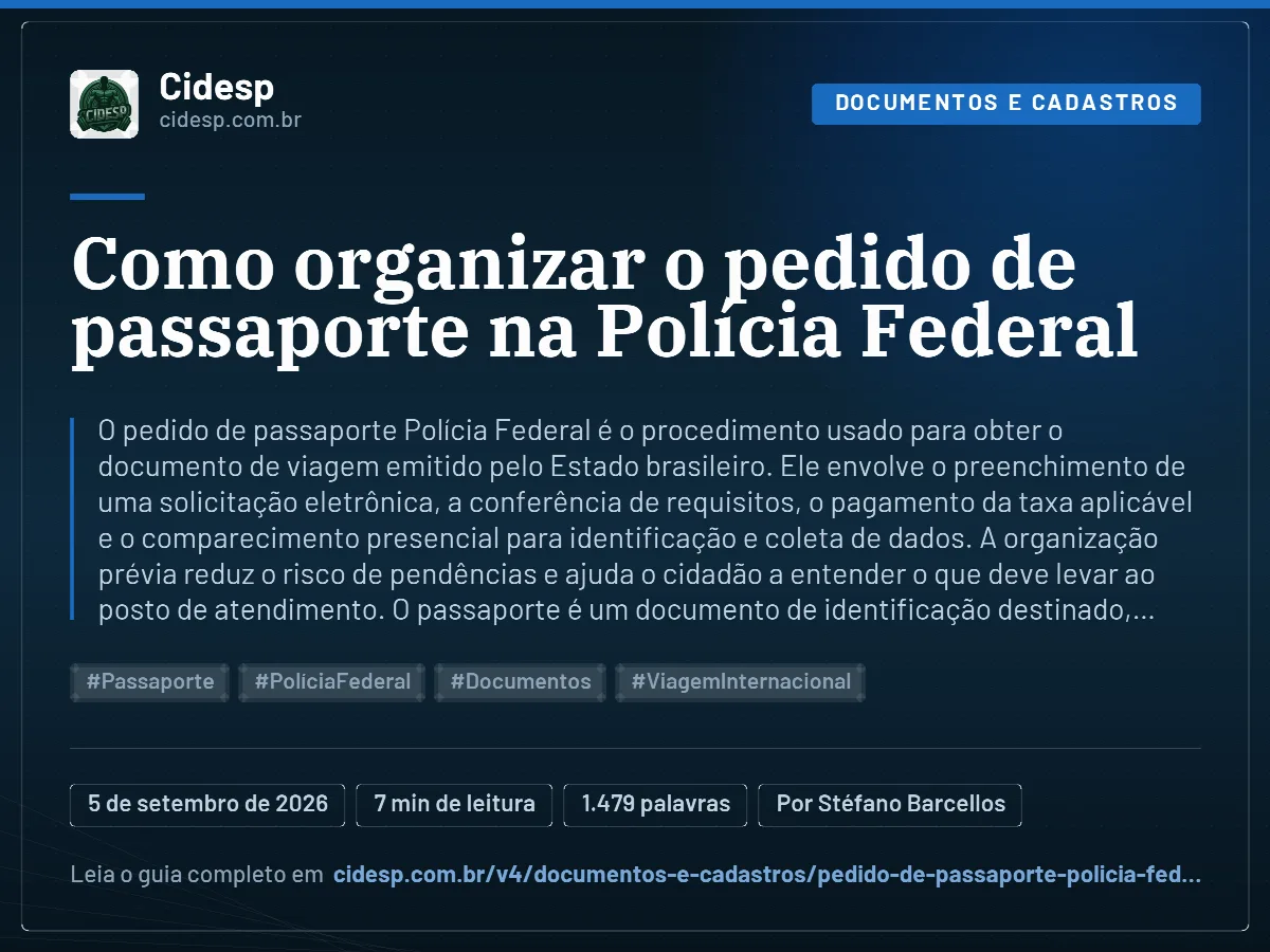 Cartão do artigo “Como organizar o pedido de passaporte na Polícia Federal”, com resumo, data de publicação e endereço da página.