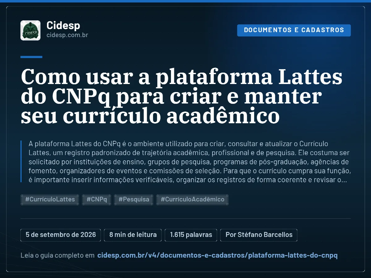 Cartão do artigo “Como usar a plataforma Lattes do CNPq para criar e manter seu currículo acadêmico”, com resumo, data de publicação e endereço da página.