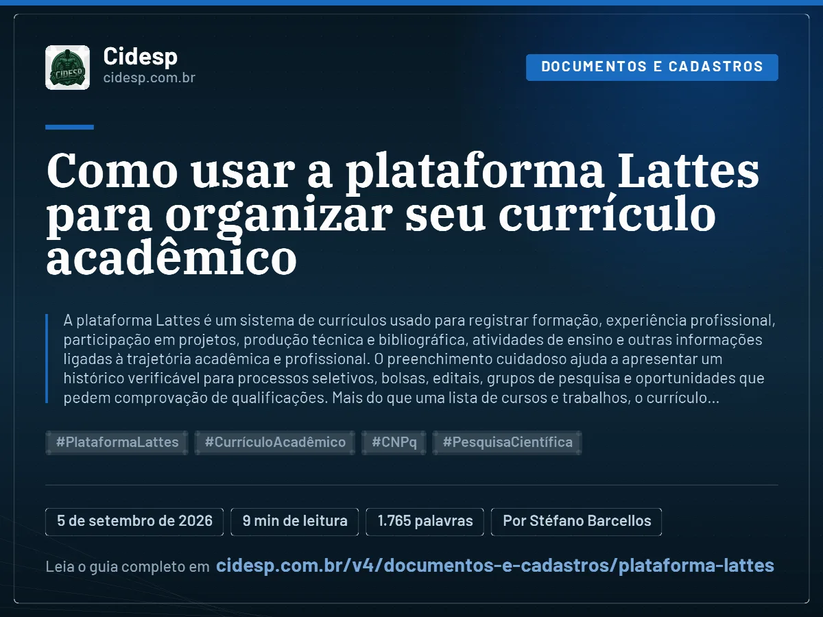 Cartão do artigo “Como usar a plataforma Lattes para organizar seu currículo acadêmico”, com resumo, data de publicação e endereço da página.