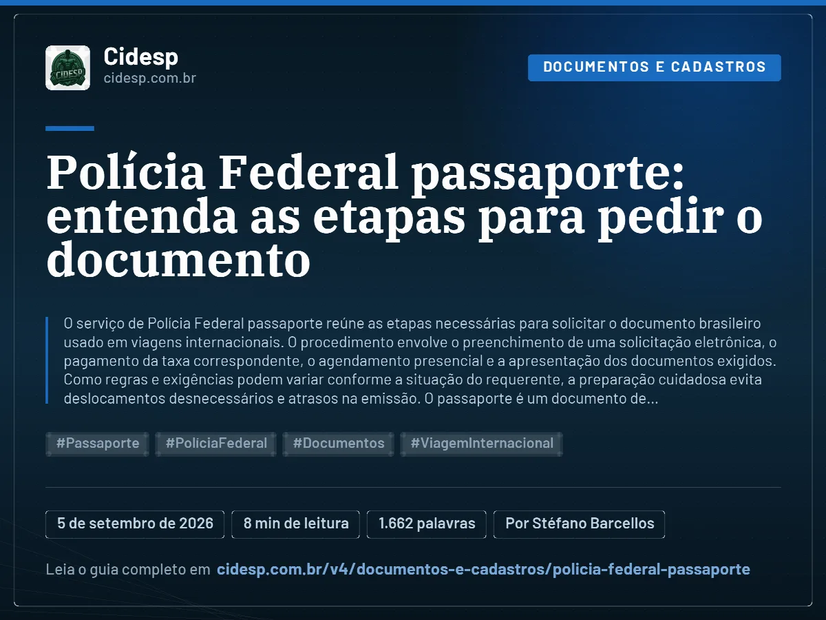 Cartão do artigo “Polícia Federal passaporte: entenda as etapas para pedir o documento”, com resumo, data de publicação e endereço da página.