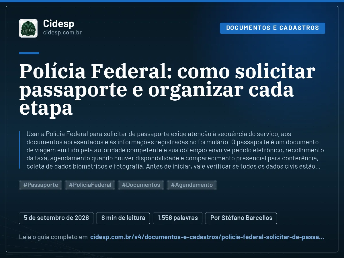 Cartão do artigo “Polícia Federal: como solicitar passaporte e organizar cada etapa”, com resumo, data de publicação e endereço da página.