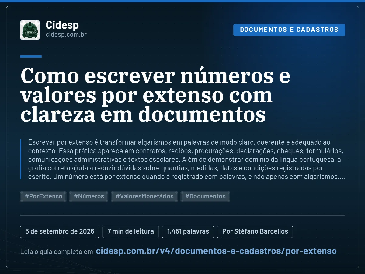 Cartão do artigo “Como escrever números e valores por extenso com clareza em documentos”, com resumo, data de publicação e endereço da página.