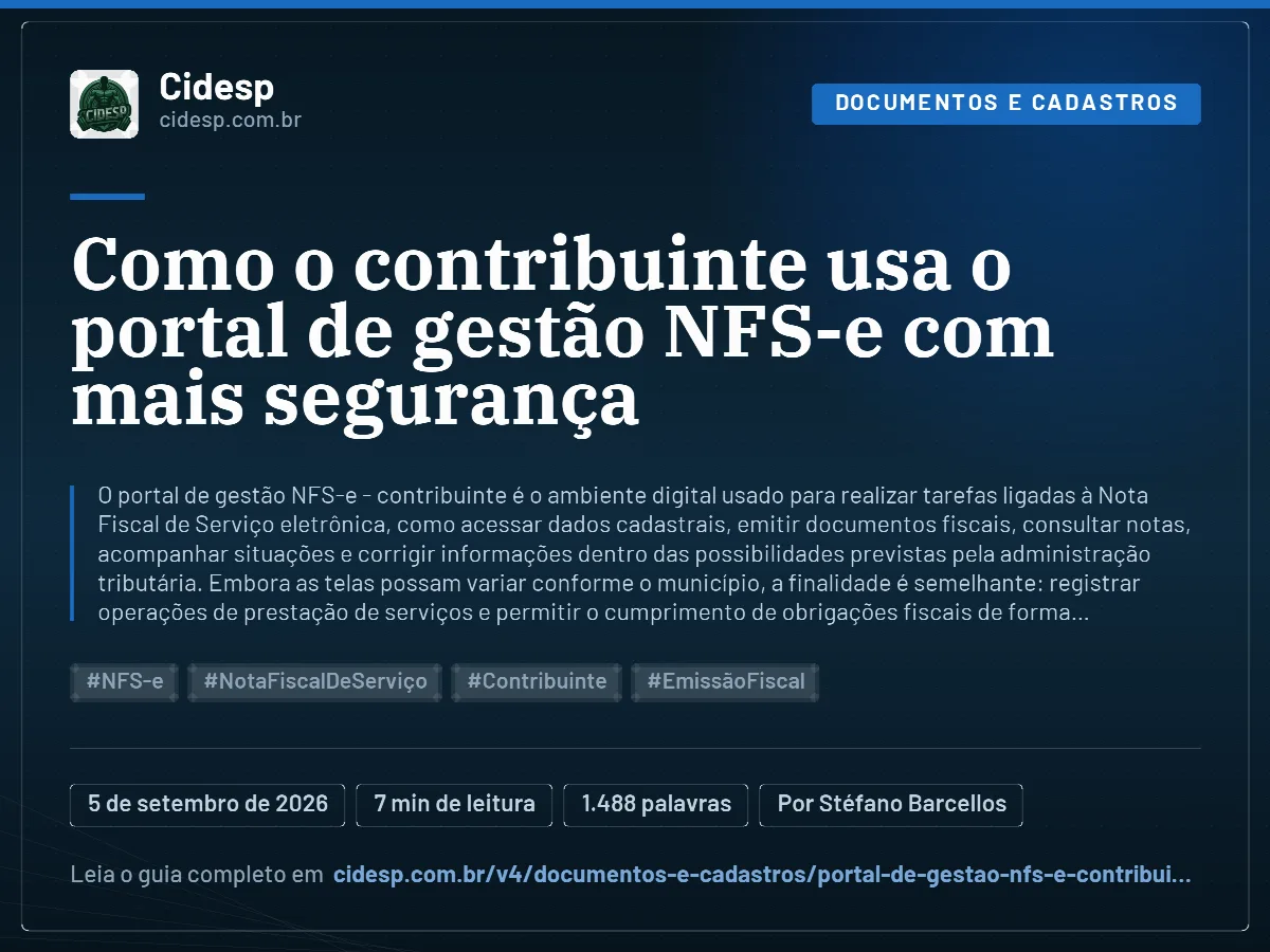Cartão do artigo “Como o contribuinte usa o portal de gestão NFS-e com mais segurança”, com resumo, data de publicação e endereço da página.