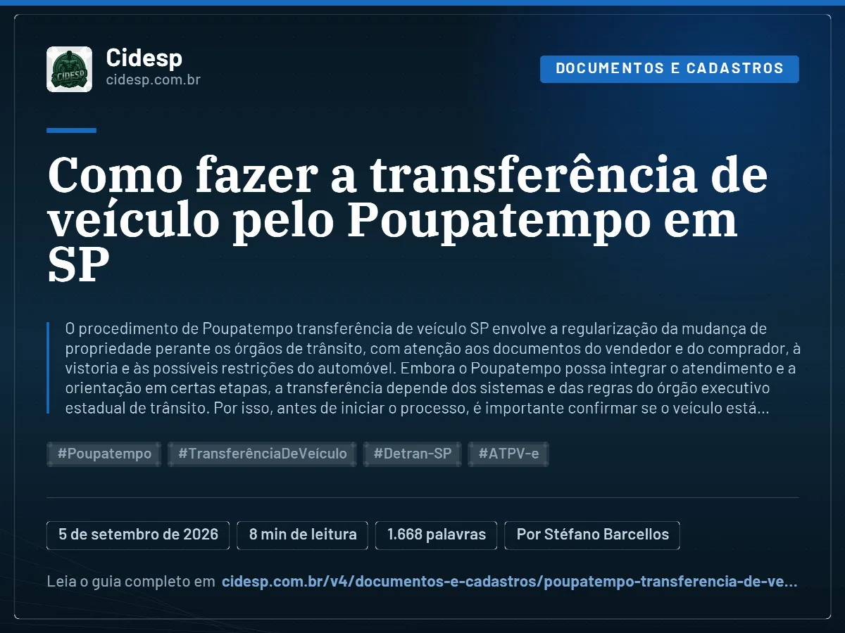 Cartão do artigo “Como fazer a transferência de veículo pelo Poupatempo em SP”, com resumo, data de publicação e endereço da página.