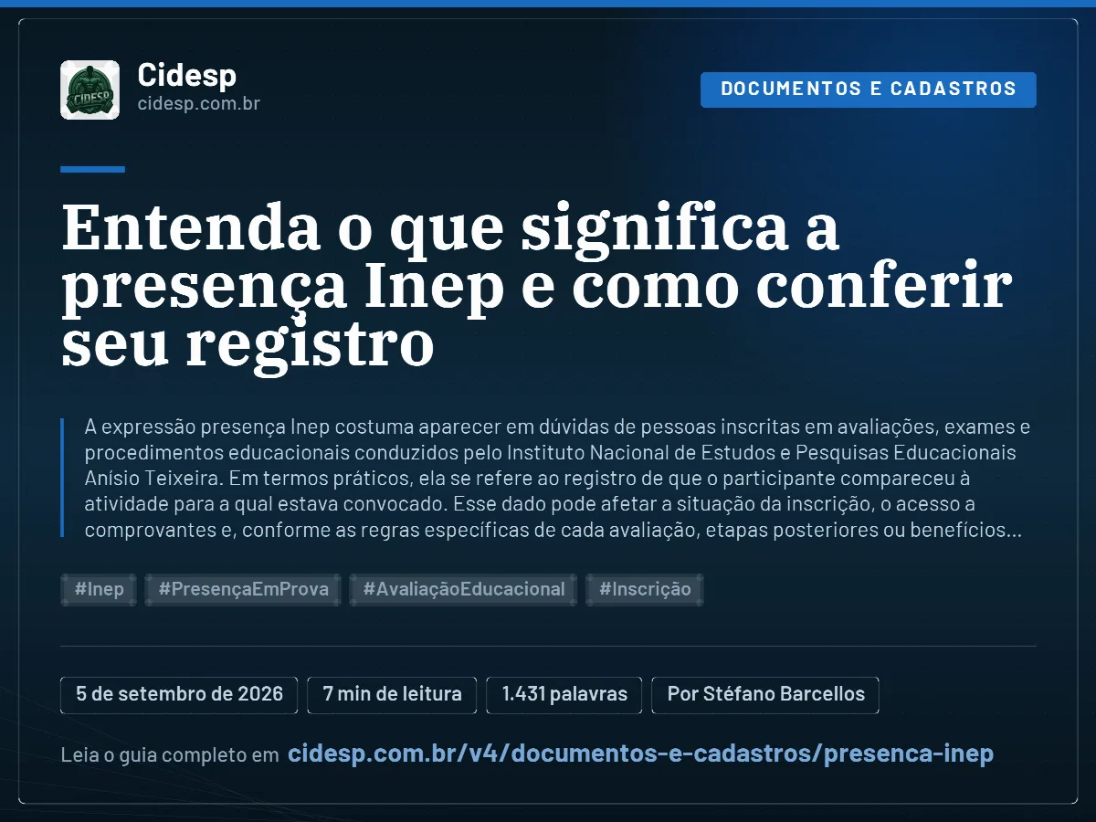 Cartão do artigo “Entenda o que significa a presença Inep e como conferir seu registro”, com resumo, data de publicação e endereço da página.