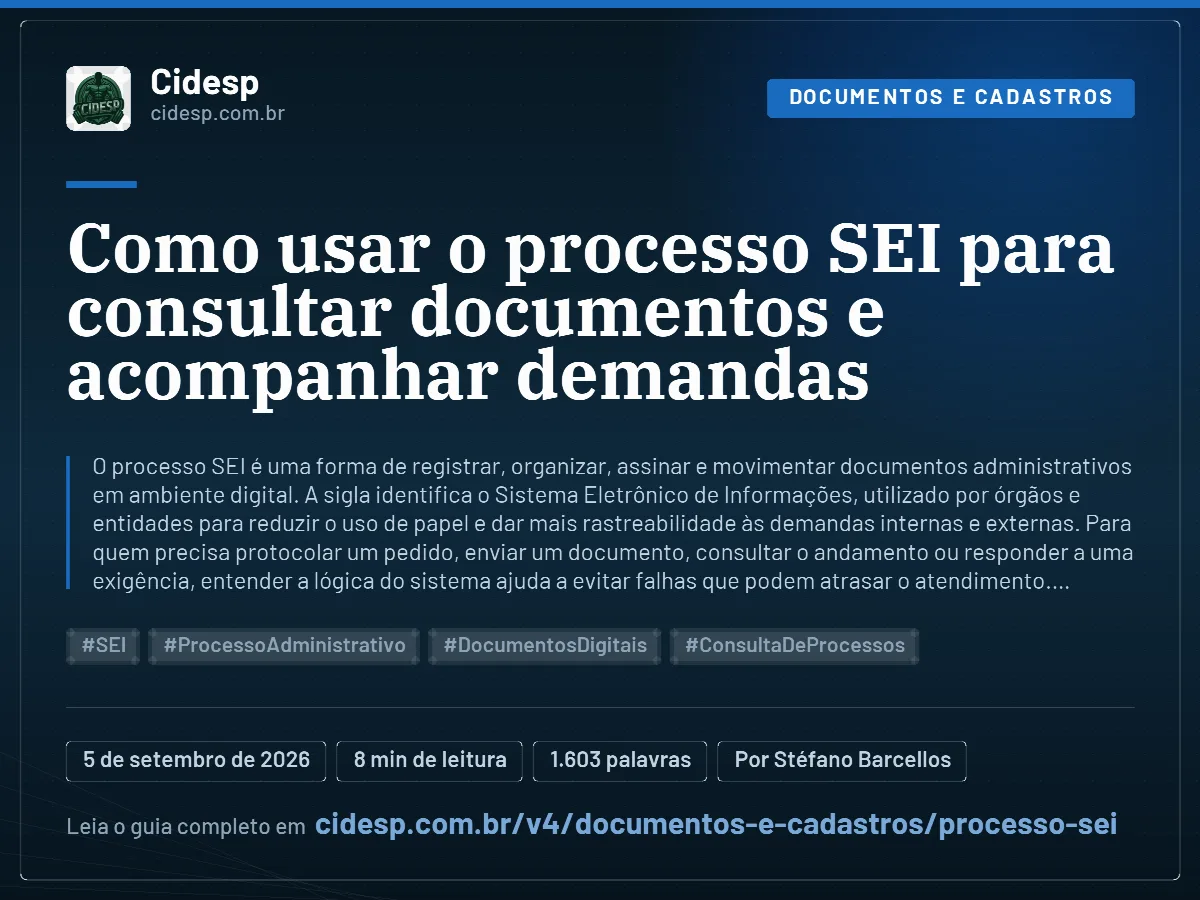 Cartão do artigo “Como usar o processo SEI para consultar documentos e acompanhar demandas”, com resumo, data de publicação e endereço da página.