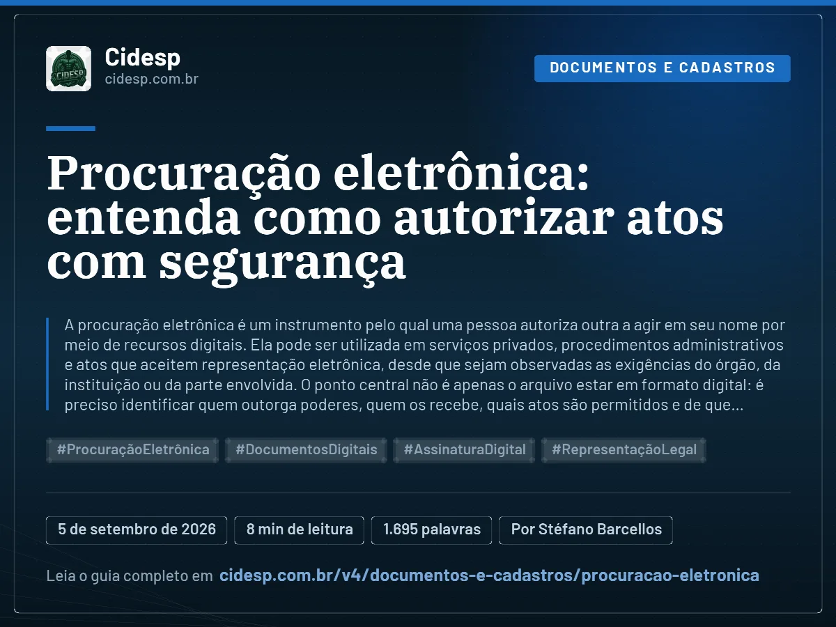 Cartão do artigo “Procuração eletrônica: entenda como autorizar atos com segurança”, com resumo, data de publicação e endereço da página.