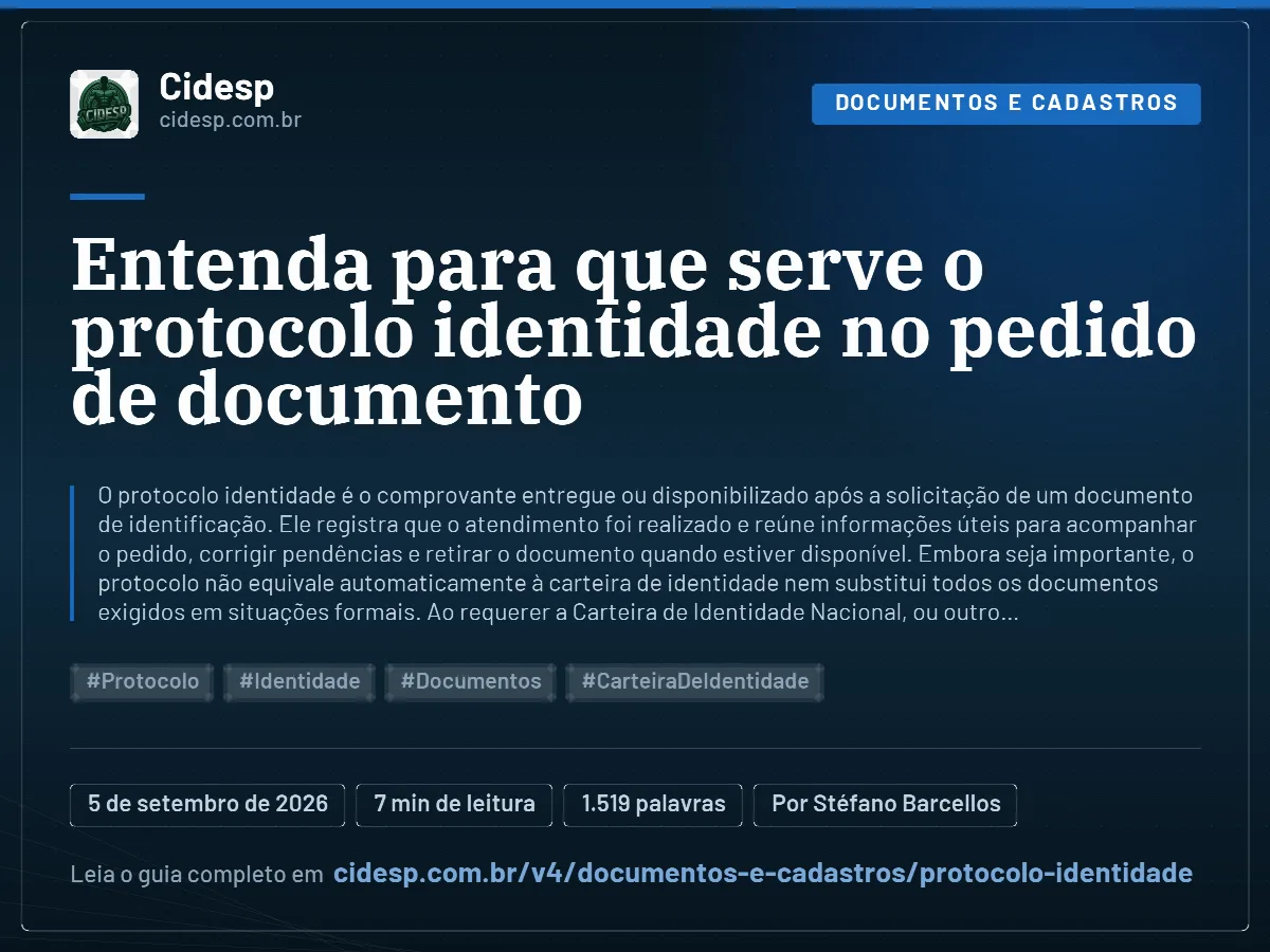 Cartão do artigo “Entenda para que serve o protocolo identidade no pedido de documento”, com resumo, data de publicação e endereço da página.