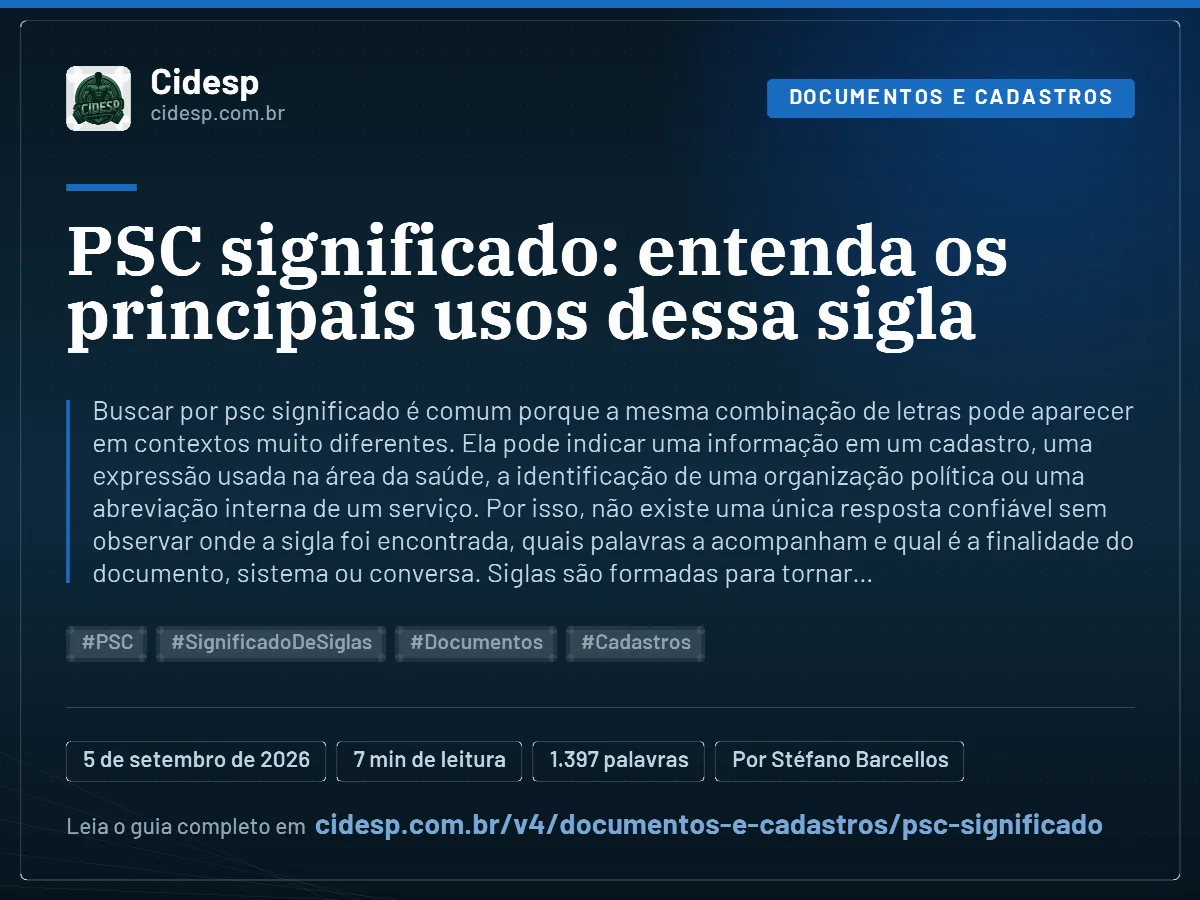 Cartão do artigo “PSC significado: entenda os principais usos dessa sigla”, com resumo, data de publicação e endereço da página.