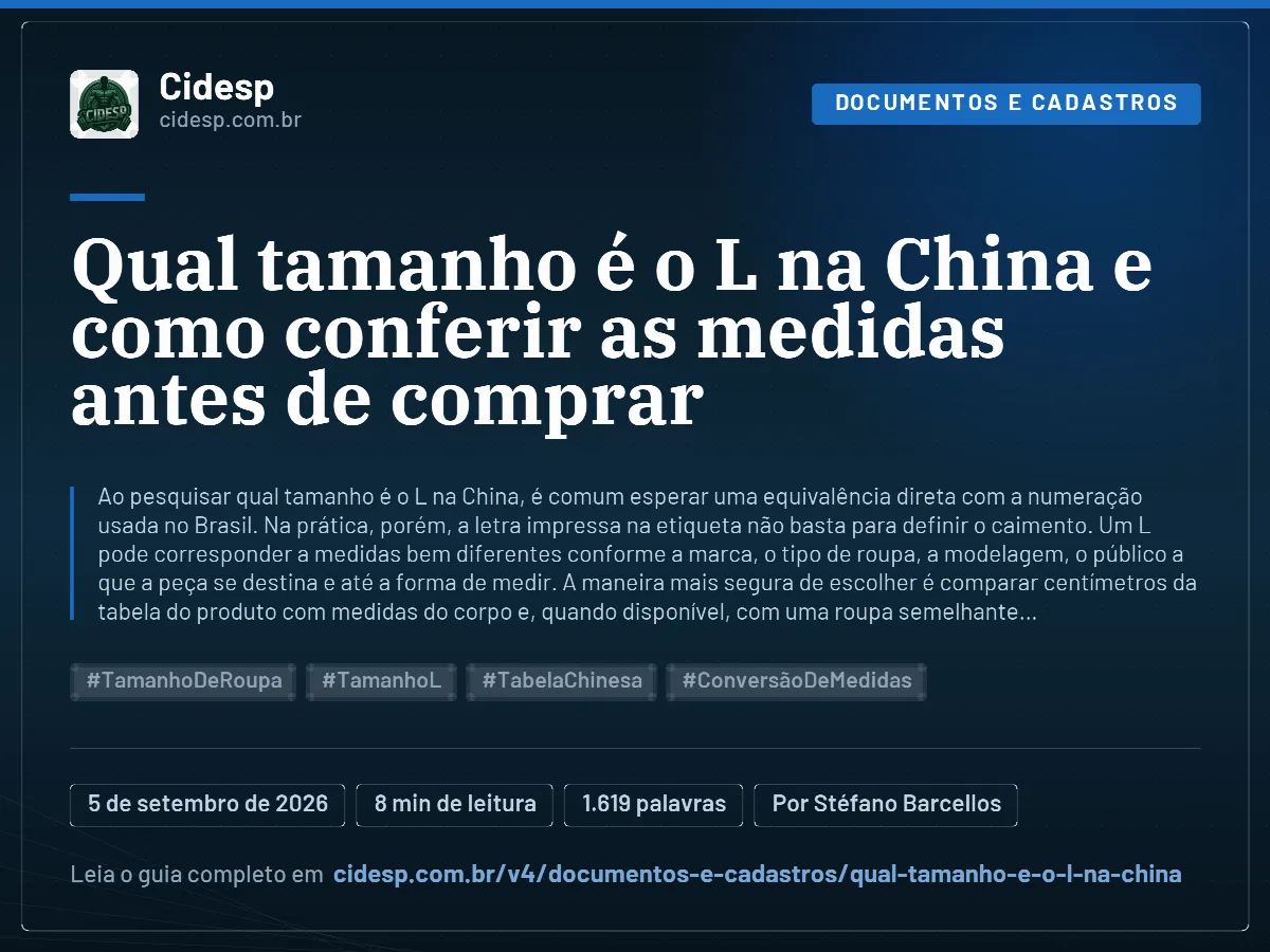 Cartão do artigo “Qual tamanho é o L na China e como conferir as medidas antes de comprar”, com resumo, data de publicação e endereço da página.