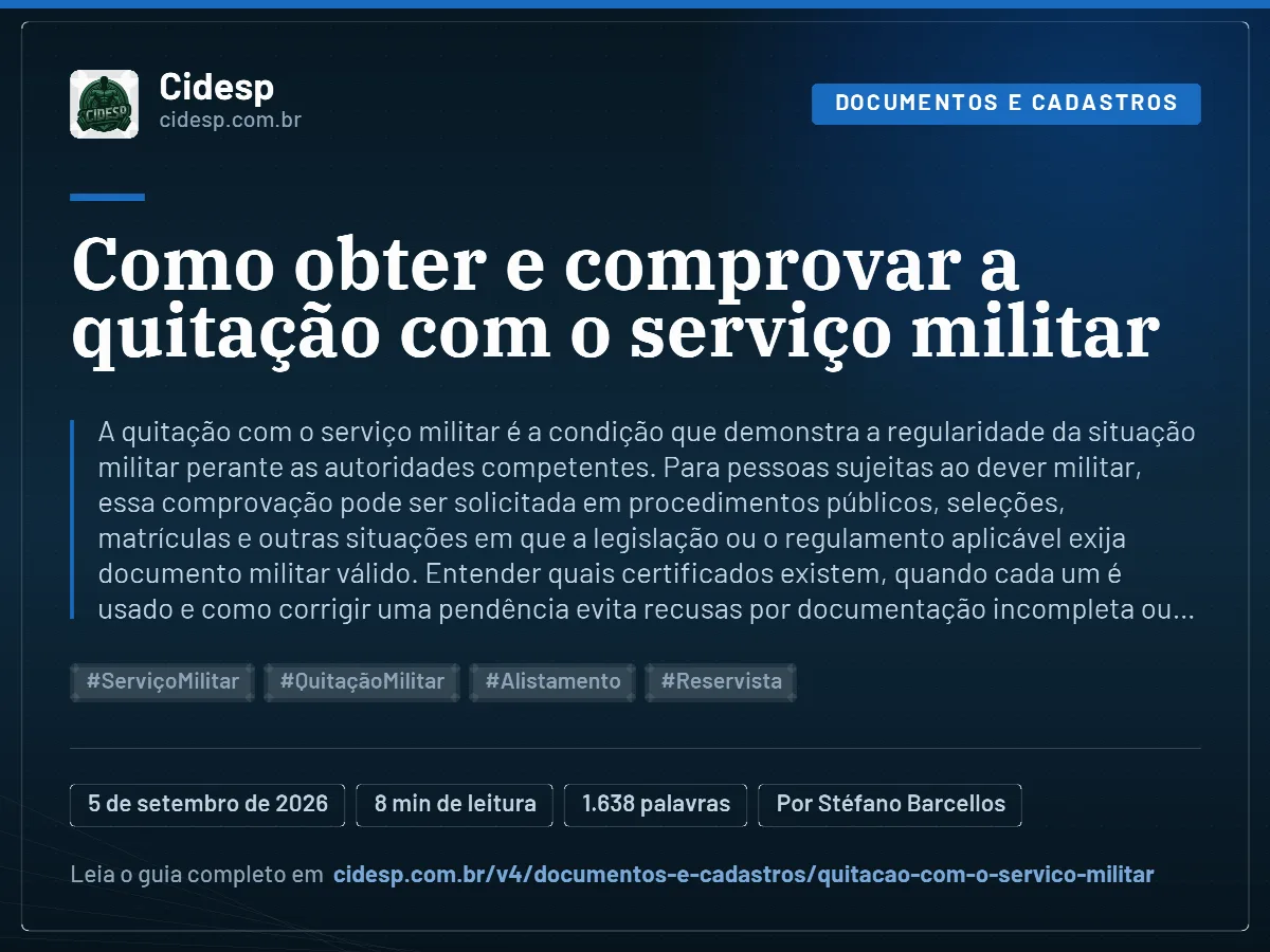 Cartão do artigo “Como obter e comprovar a quitação com o serviço militar”, com resumo, data de publicação e endereço da página.