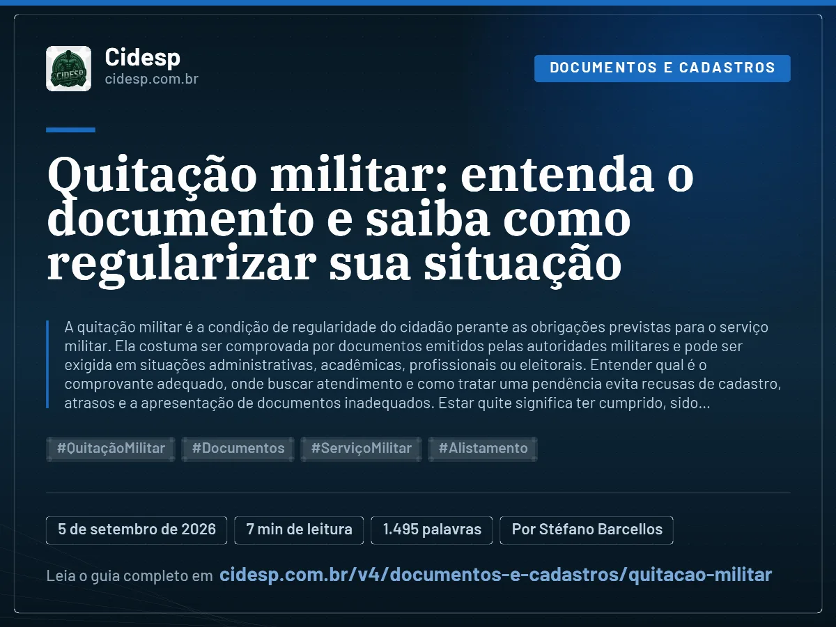 Cartão do artigo “Quitação militar: entenda o documento e saiba como regularizar sua situação”, com resumo, data de publicação e endereço da página.
