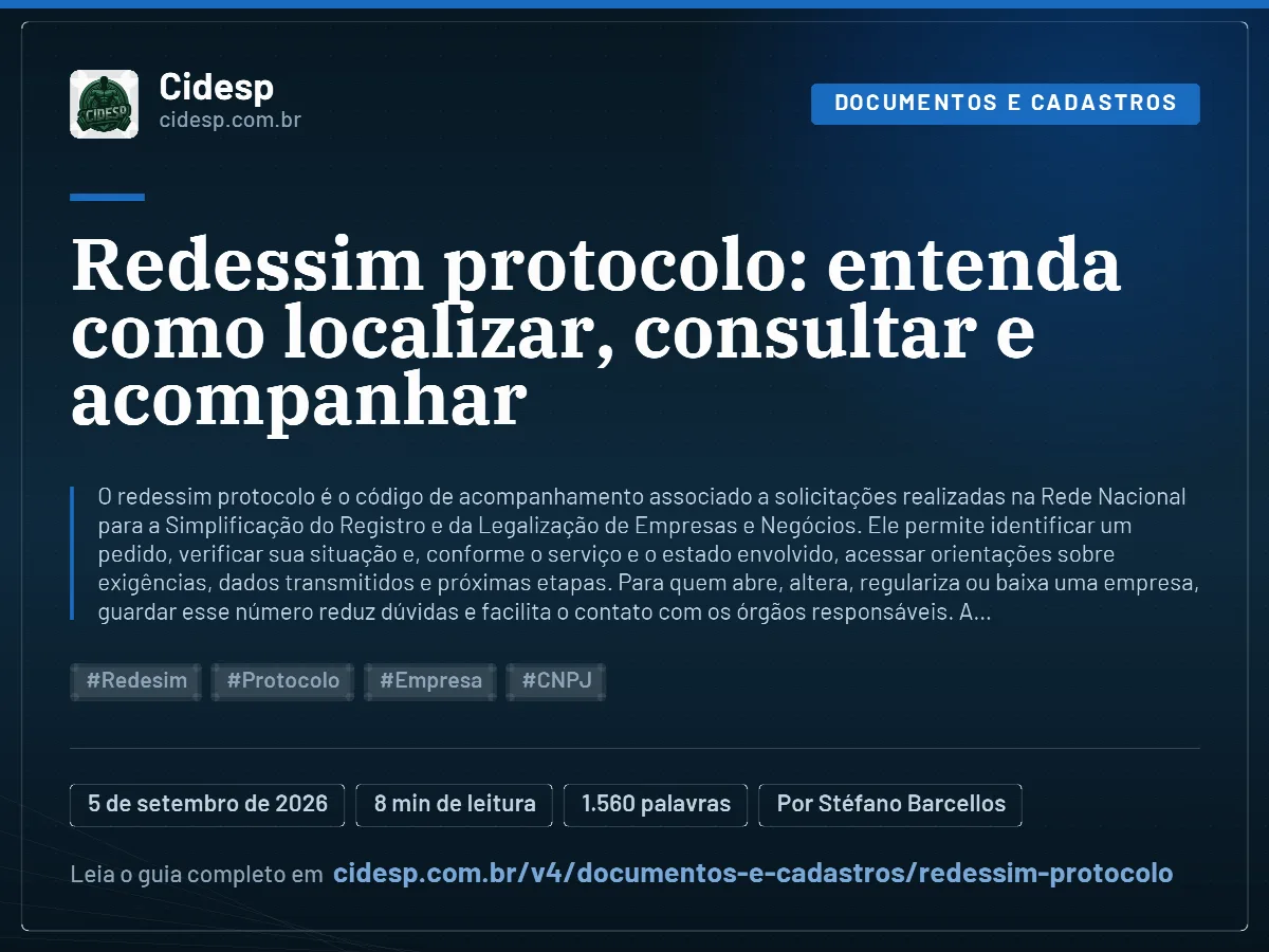 Cartão do artigo “Redessim protocolo: entenda como localizar, consultar e acompanhar”, com resumo, data de publicação e endereço da página.