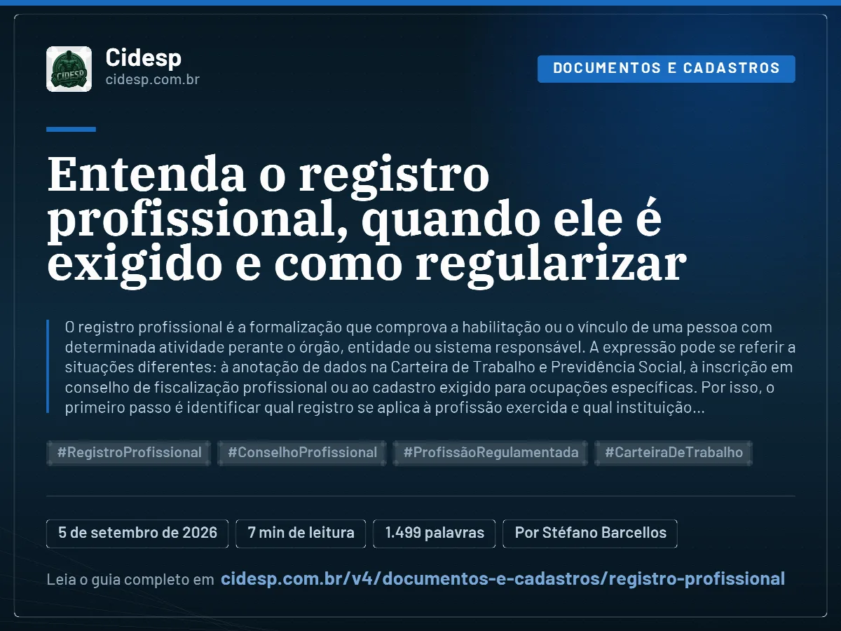 Cartão do artigo “Entenda o registro profissional, quando ele é exigido e como regularizar”, com resumo, data de publicação e endereço da página.