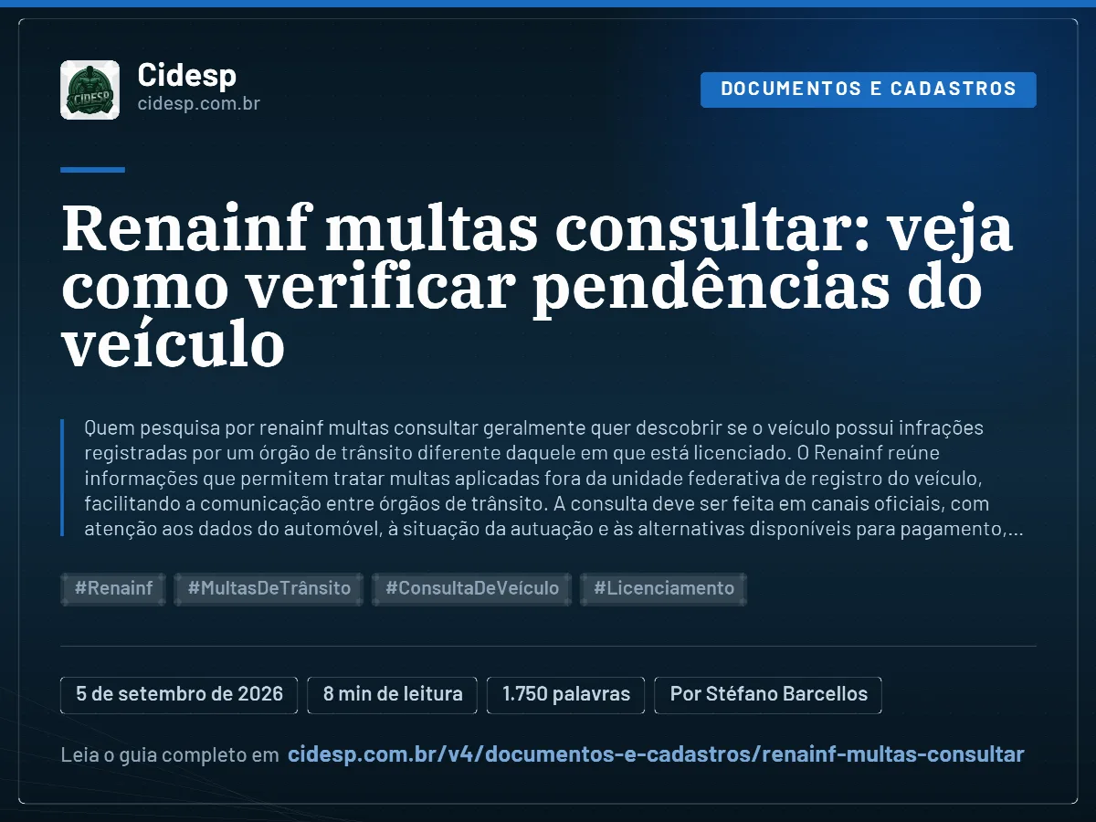 Cartão do artigo “Renainf multas consultar: veja como verificar pendências do veículo”, com resumo, data de publicação e endereço da página.
