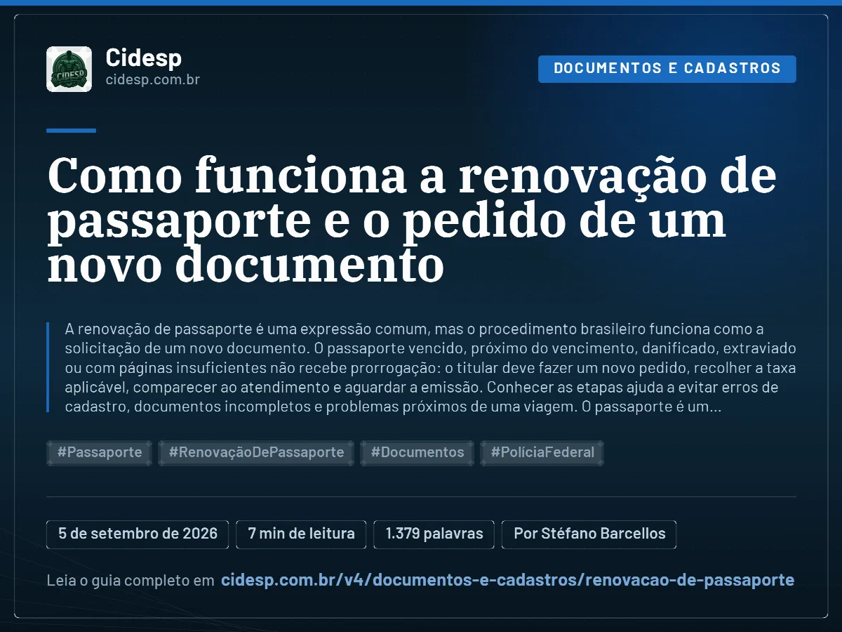 Cartão do artigo “Como funciona a renovação de passaporte e o pedido de um novo documento”, com resumo, data de publicação e endereço da página.