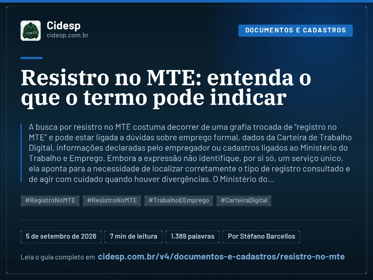Cartão do artigo “Resistro no MTE: entenda o que o termo pode indicar”, com resumo, data de publicação e endereço da página.