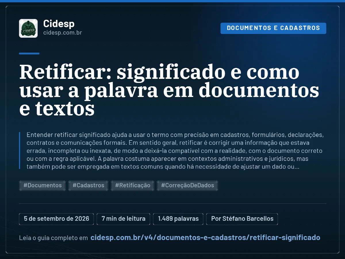 Cartão do artigo “Retificar: significado e como usar a palavra em documentos e textos”, com resumo, data de publicação e endereço da página.