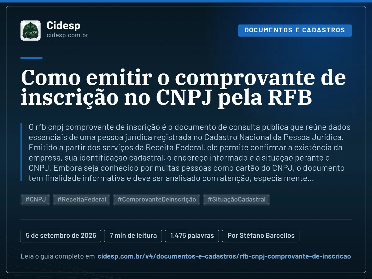 Cartão do artigo “Como emitir o comprovante de inscrição no CNPJ pela RFB”, com resumo, data de publicação e endereço da página.