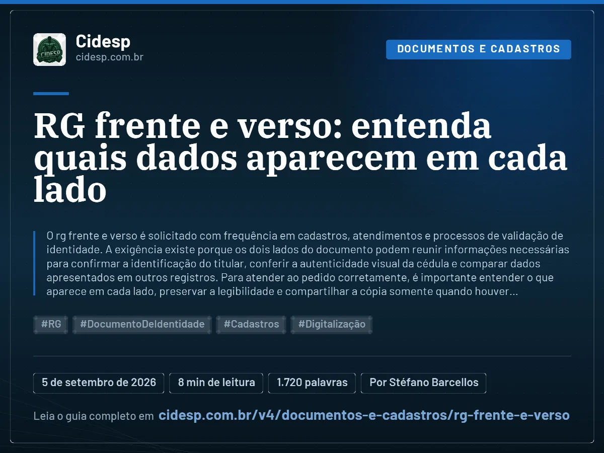 Cartão do artigo “RG frente e verso: entenda quais dados aparecem em cada lado”, com resumo, data de publicação e endereço da página.