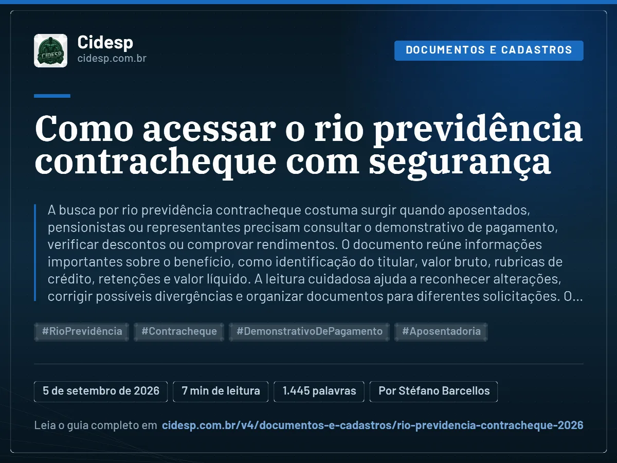 Cartão do artigo “Como acessar o rio previdência contracheque com segurança”, com resumo, data de publicação e endereço da página.