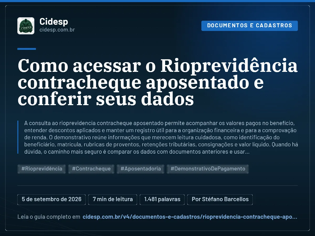 Cartão do artigo “Como acessar o Rioprevidência contracheque aposentado e conferir seus dados”, com resumo, data de publicação e endereço da página.