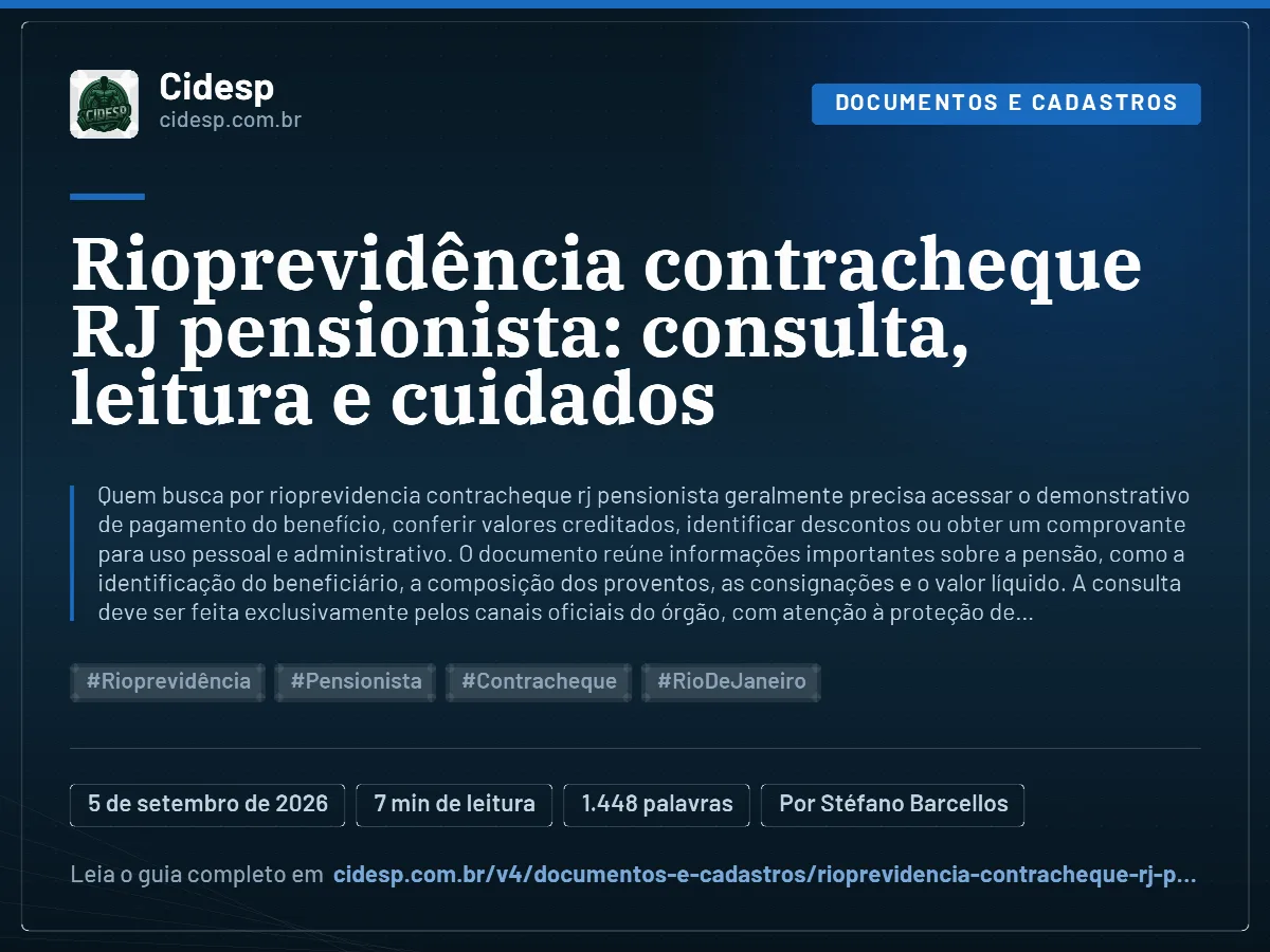 Cartão do artigo “Rioprevidência contracheque RJ pensionista: consulta, leitura e cuidados”, com resumo, data de publicação e endereço da página.